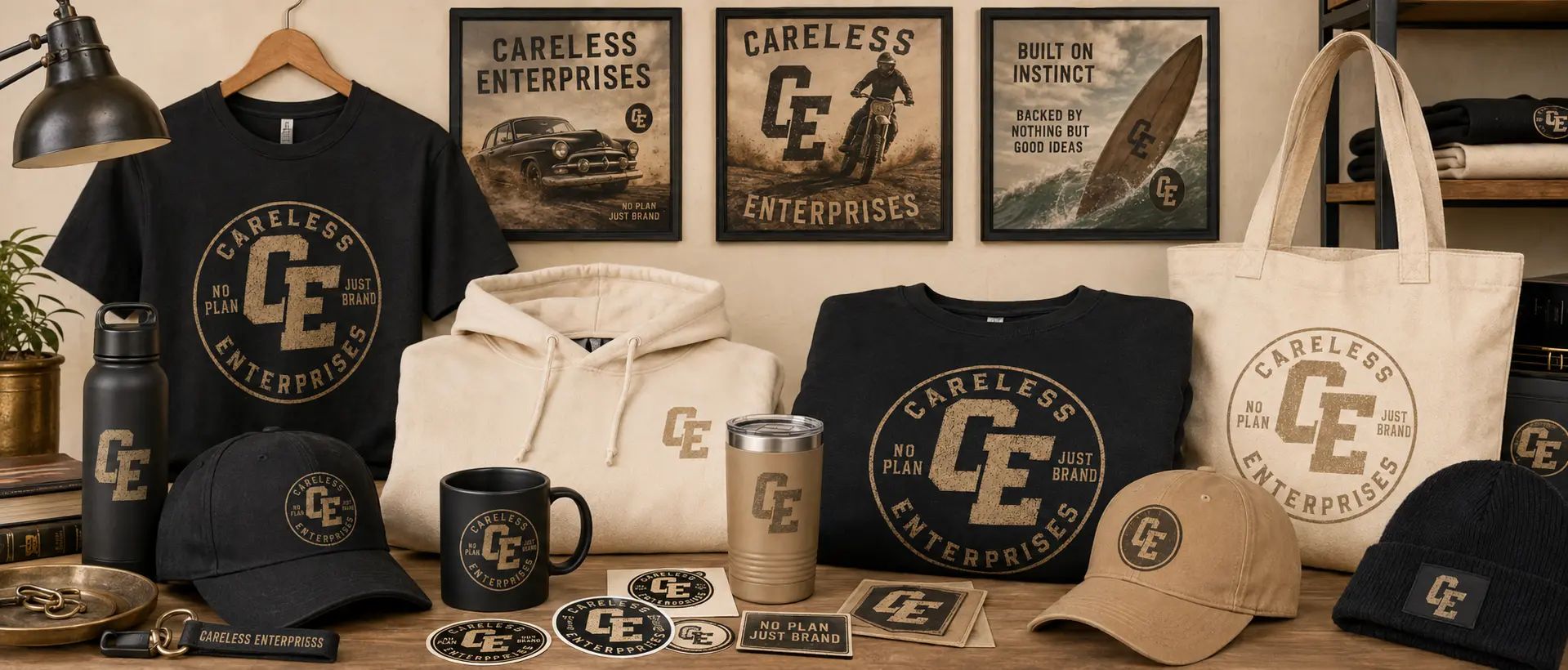 Careless Enterprises apparel, hats, drinkware, tote, stickers and framed campaign art
